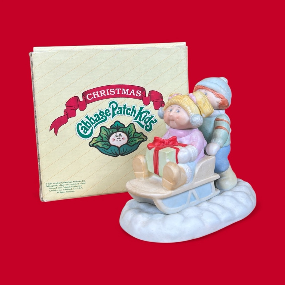 Vintage 1984 Christmas Cabbage Patch Figurine- Girl & Boy Sledding